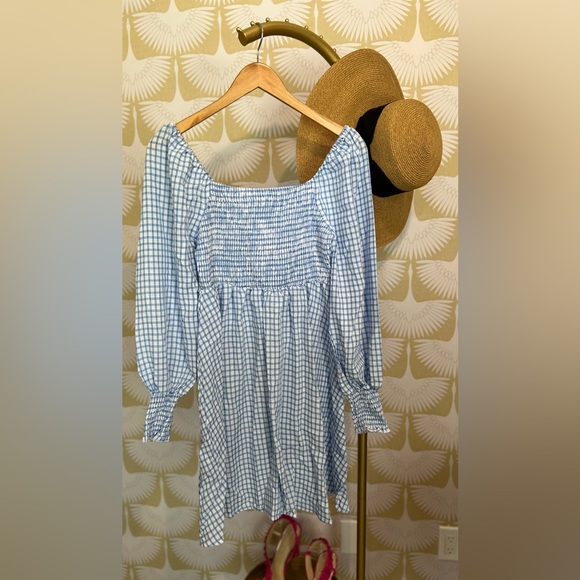 Blue/White Plaid Long Ruffle Sleeve Mini Dress - Picture 2 of 11